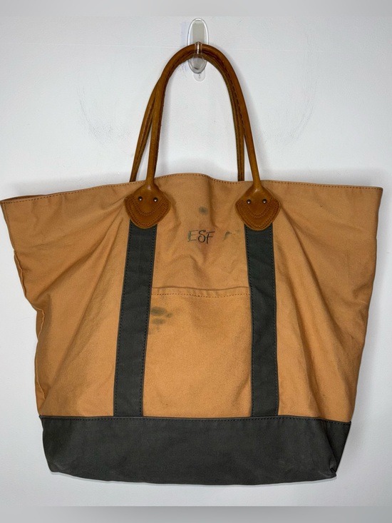 L.L. Bean Handbags - LL Bean Leather Handles Tote Bag Canvas Plaid Lined Brown Green Boat Vintage 90s